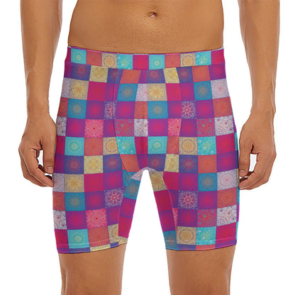 Boho Mandala Patchwork Pattern Print Men's Long Boxer Briefs