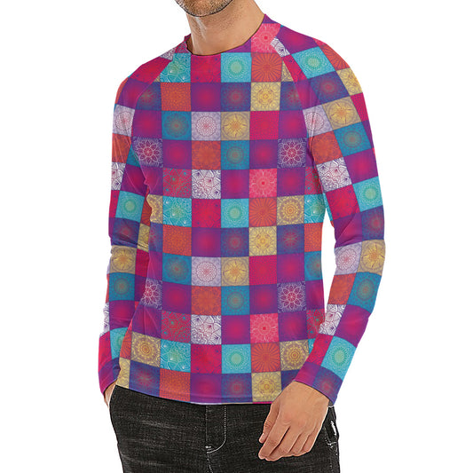 Boho Mandala Patchwork Pattern Print Men's Long Sleeve Rash Guard