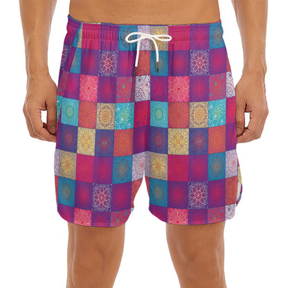 Boho Mandala Patchwork Pattern Print Men's Split Running Shorts