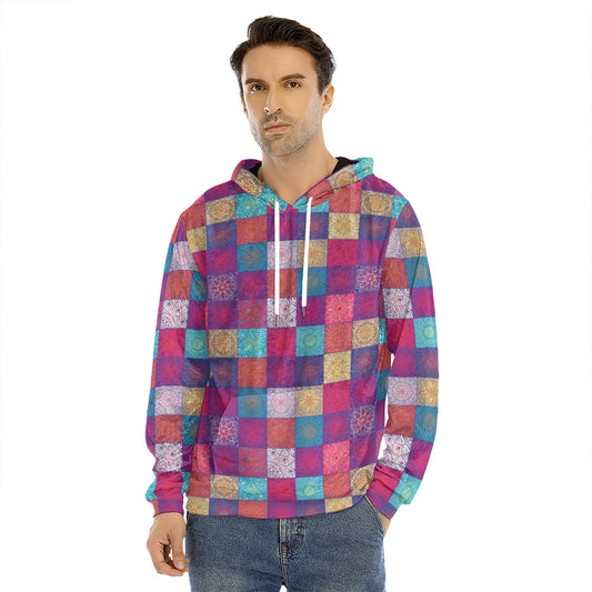 Boho Mandala Patchwork Pattern Print Men's Velvet Pullover Hoodie