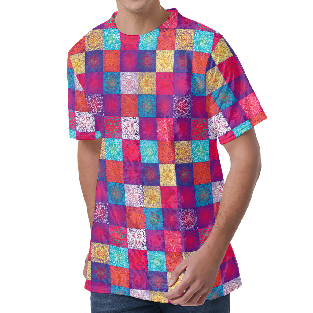Boho Mandala Patchwork Pattern Print Men's Velvet T-Shirt
