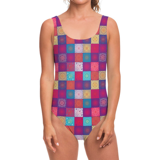 Boho Mandala Patchwork Pattern Print One Piece Swimsuit