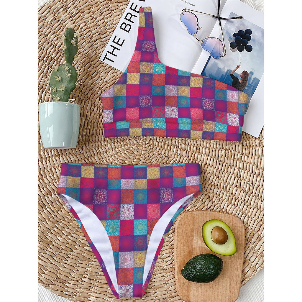 Boho Mandala Patchwork Pattern Print One Shoulder Bikini Top