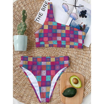 Boho Mandala Patchwork Pattern Print One Shoulder Bikini Top