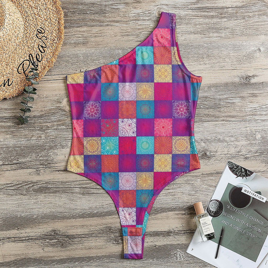 Boho Mandala Patchwork Pattern Print One Shoulder Bodysuit