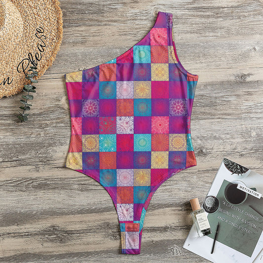 Boho Mandala Patchwork Pattern Print One Shoulder Bodysuit