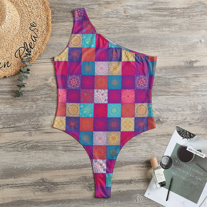Boho Mandala Patchwork Pattern Print One Shoulder Bodysuit