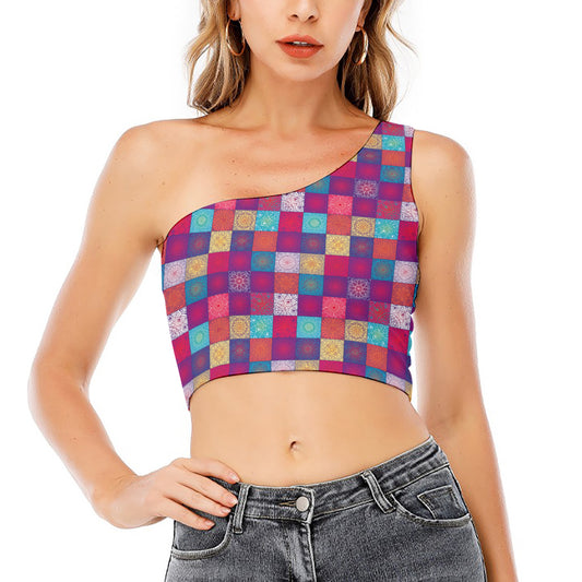 Boho Mandala Patchwork Pattern Print One Shoulder Crop Top