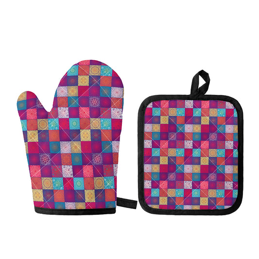 Boho Mandala Patchwork Pattern Print Oven Mitt And Pot Holder Set