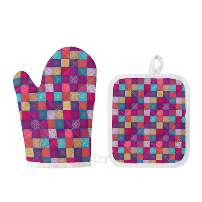 Boho Mandala Patchwork Pattern Print Oven Mitt And Pot Holder Set
