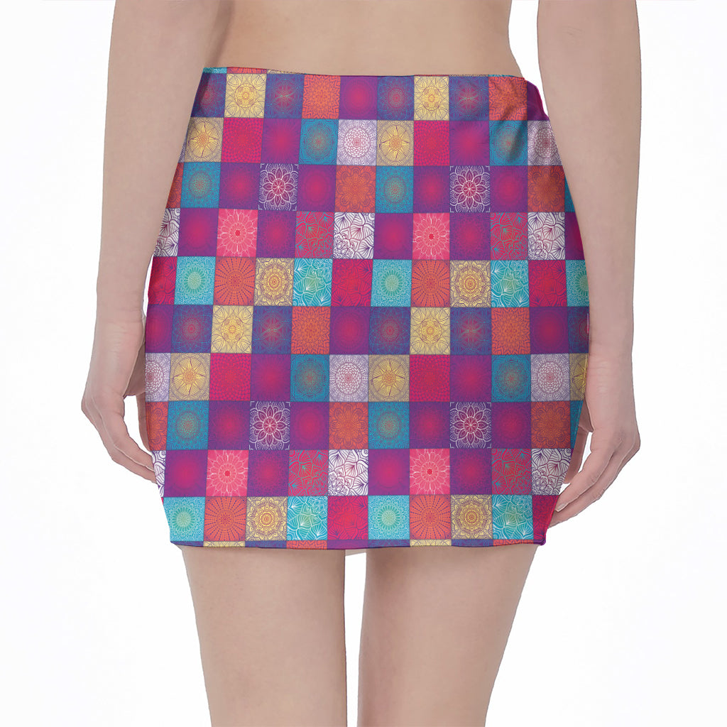 Boho Mandala Patchwork Pattern Print Pencil Mini Skirt
