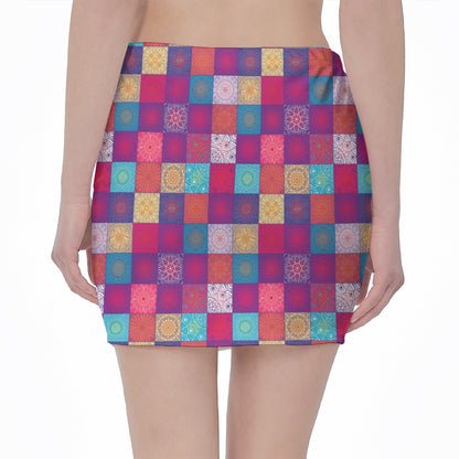Boho Mandala Patchwork Pattern Print Pencil Mini Skirt