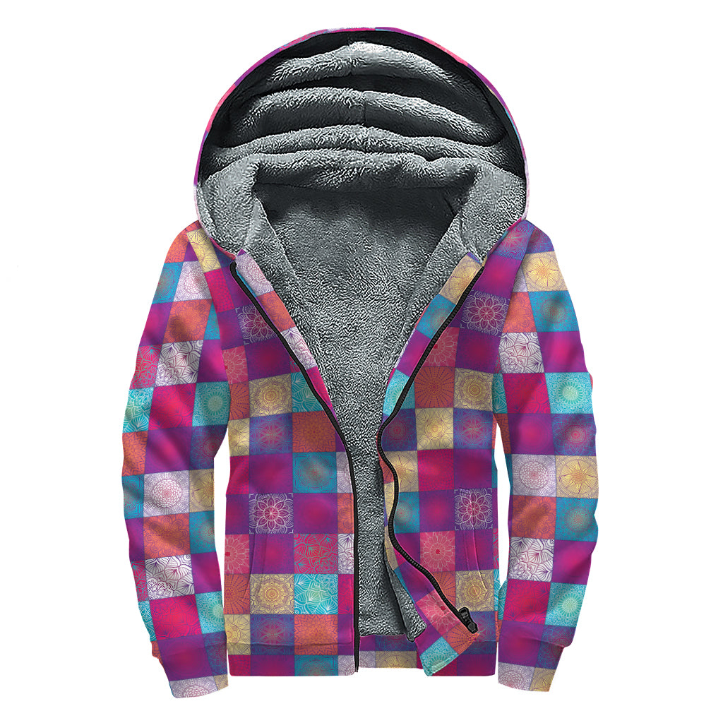 Boho Mandala Patchwork Pattern Print Sherpa Lined Zip Up Hoodie