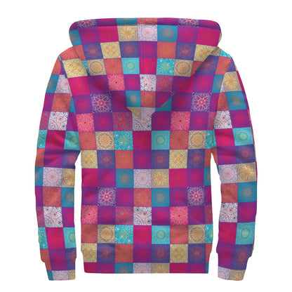 Boho Mandala Patchwork Pattern Print Sherpa Lined Zip Up Hoodie