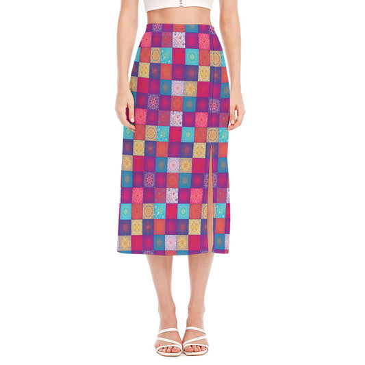 Boho Mandala Patchwork Pattern Print Side Slit Midi Skirt