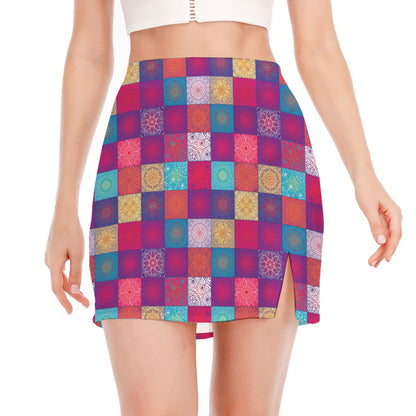 Boho Mandala Patchwork Pattern Print Side Slit Mini Skirt