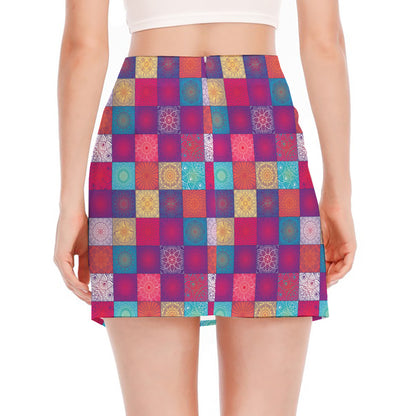 Boho Mandala Patchwork Pattern Print Side Slit Mini Skirt