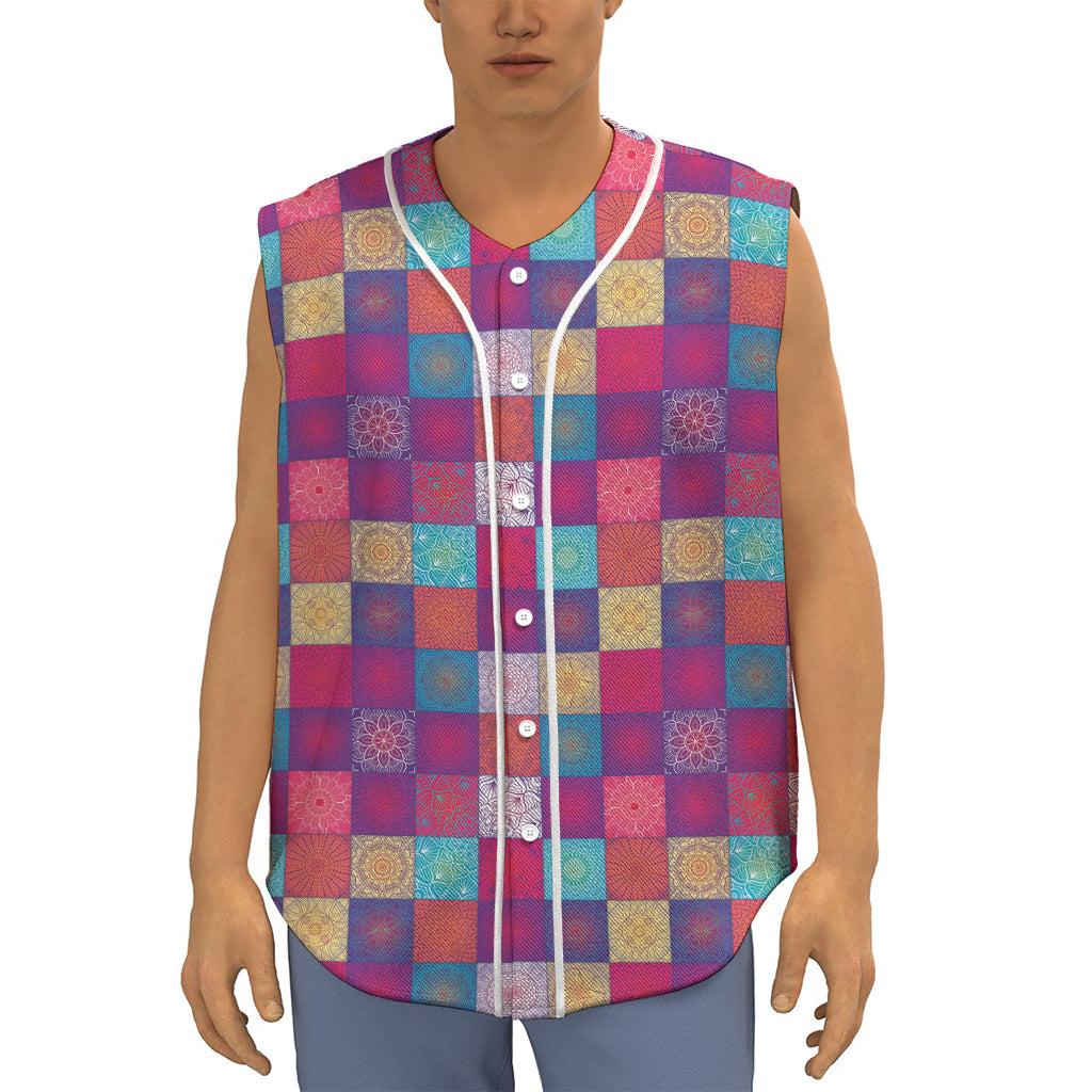 Boho Mandala Patchwork Pattern Print Sleeveless Baseball Jersey
