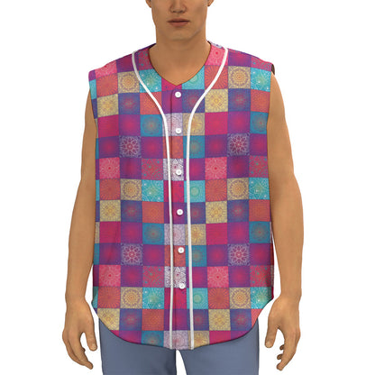 Boho Mandala Patchwork Pattern Print Sleeveless Baseball Jersey