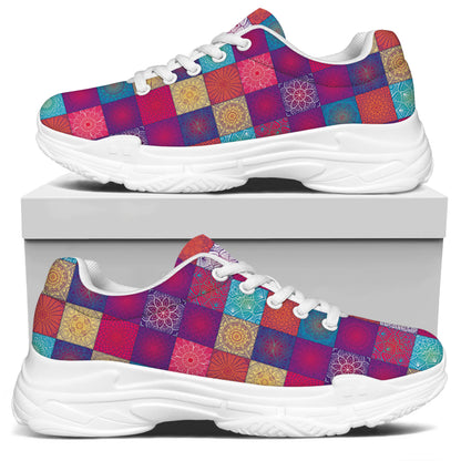 Boho Mandala Patchwork Pattern Print White Chunky Shoes