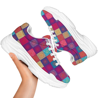 Boho Mandala Patchwork Pattern Print White Chunky Shoes