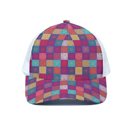 Boho Mandala Patchwork Pattern Print White Mesh Trucker Cap