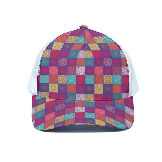 Boho Mandala Patchwork Pattern Print White Mesh Trucker Cap