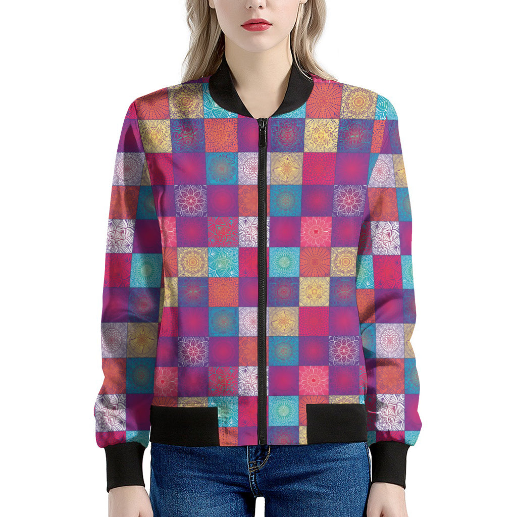 Boho Mandala Patchwork Pattern Print Women's Bomber Jacket