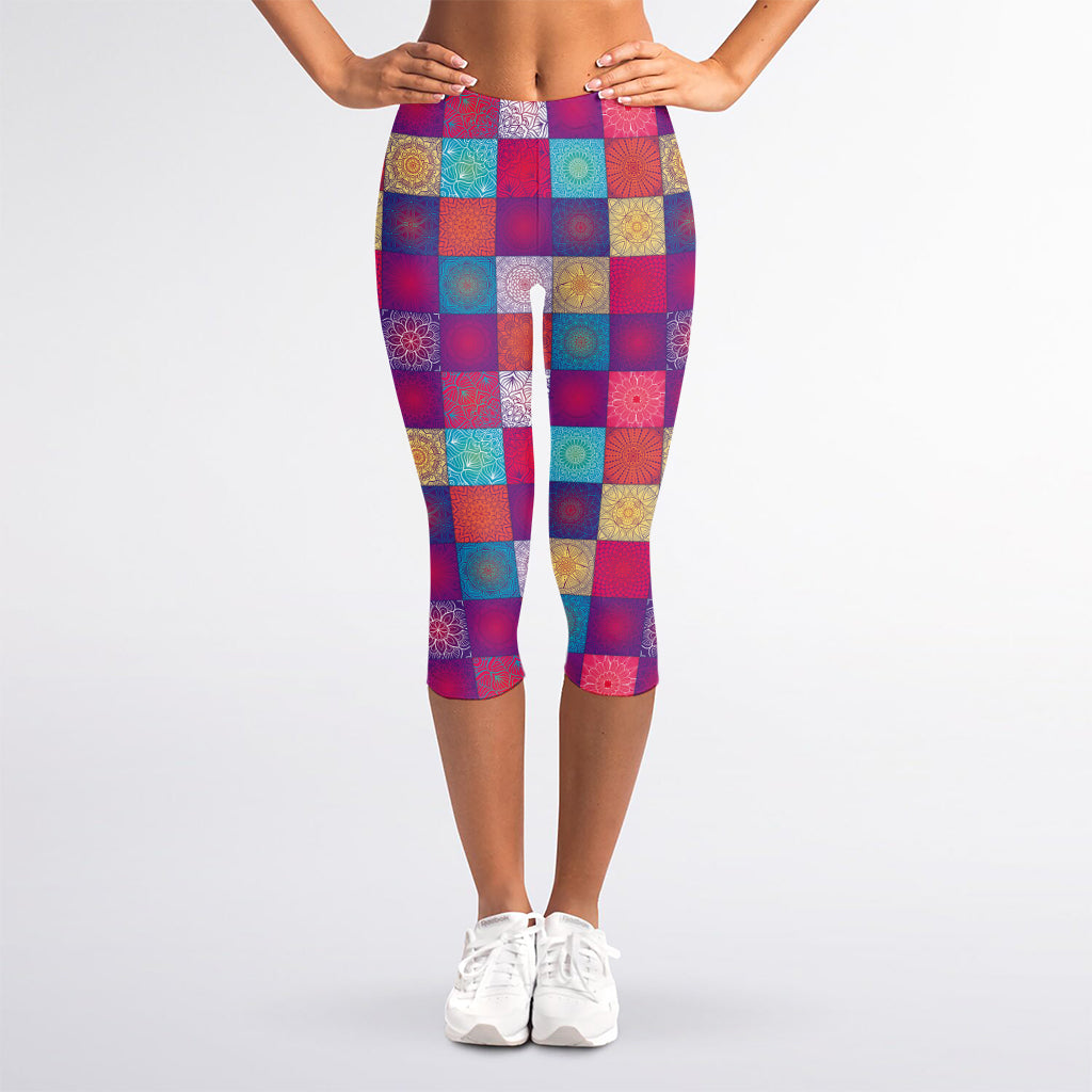 Boho Mandala Patchwork Pattern Print Women's Capri Leggings