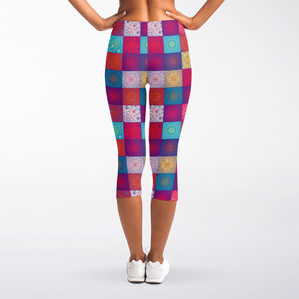 Boho Mandala Patchwork Pattern Print Women's Capri Leggings