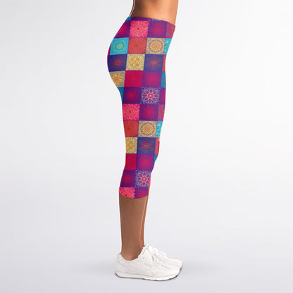 Boho Mandala Patchwork Pattern Print Women's Capri Leggings