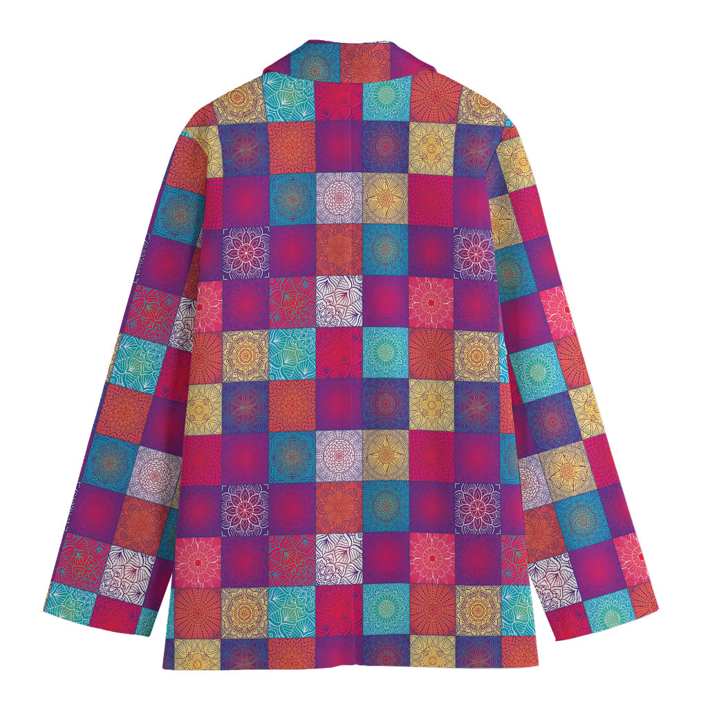 Boho Mandala Patchwork Pattern Print Women's Cotton Blazer