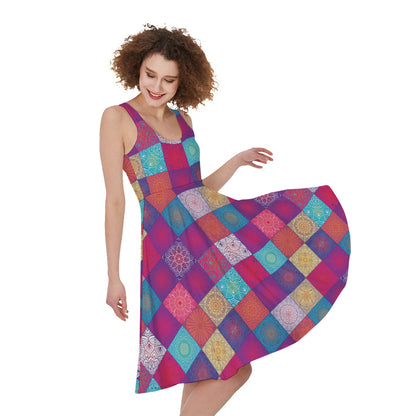 Boho Mandala Patchwork Pattern Print Women's Sleeveless Dress