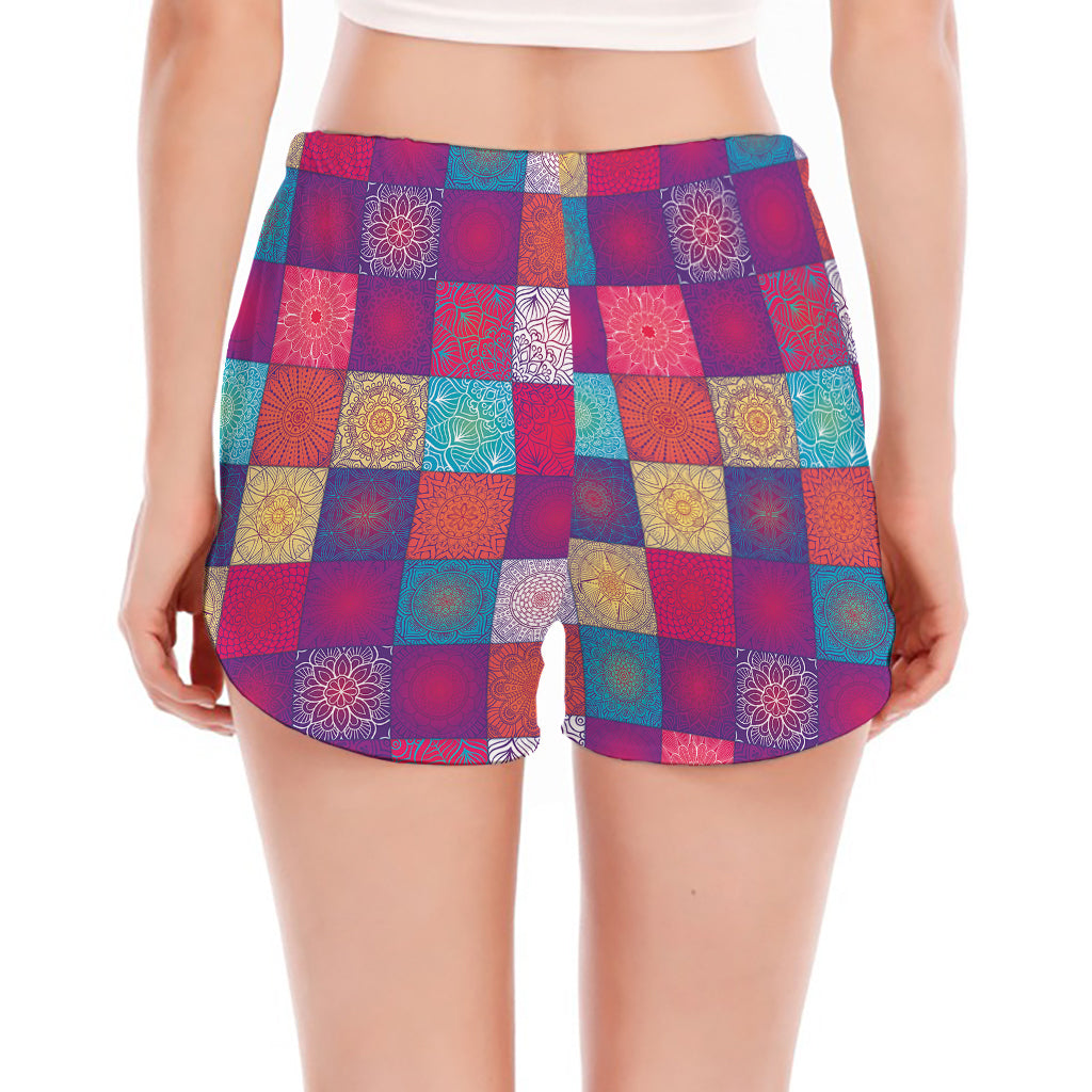 Boho Mandala Patchwork Pattern Print Women's Split Running Shorts
