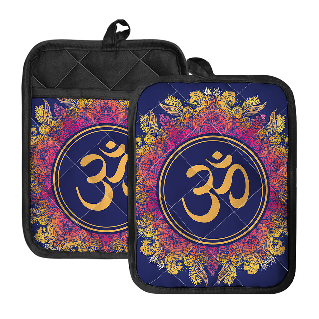 Boho Om Mandala Print Pot Holders With Pocket