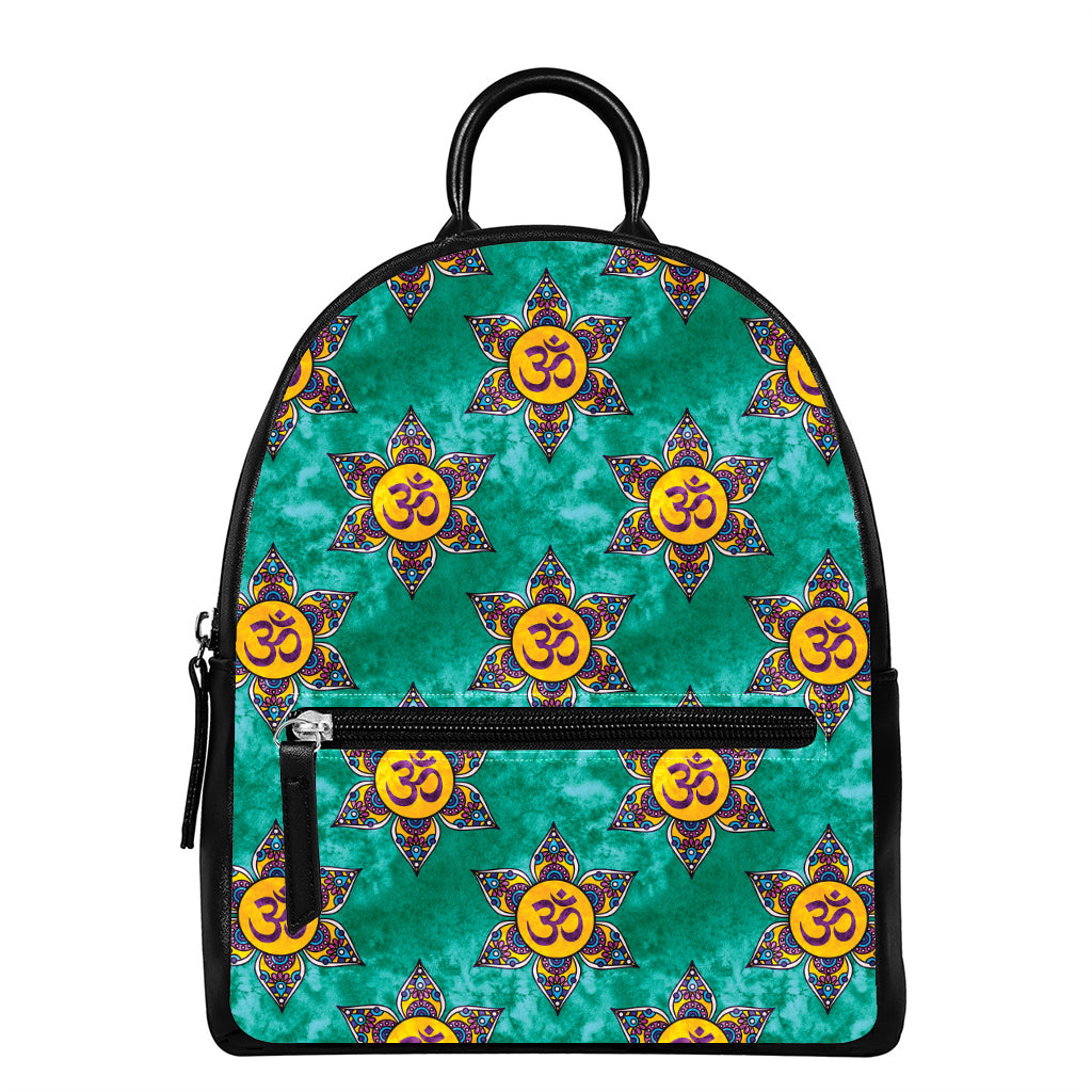 Boho Om Sign Pattern Print Leather Backpack