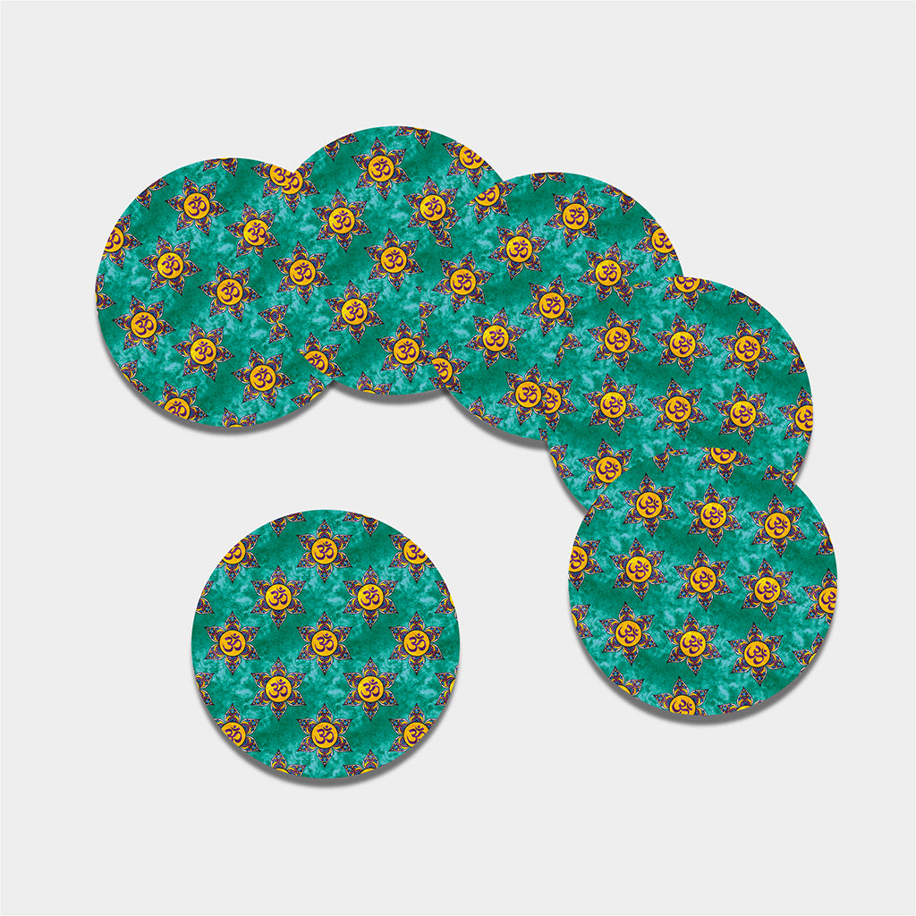 Boho Om Sign Pattern Print Leather Coaster Set