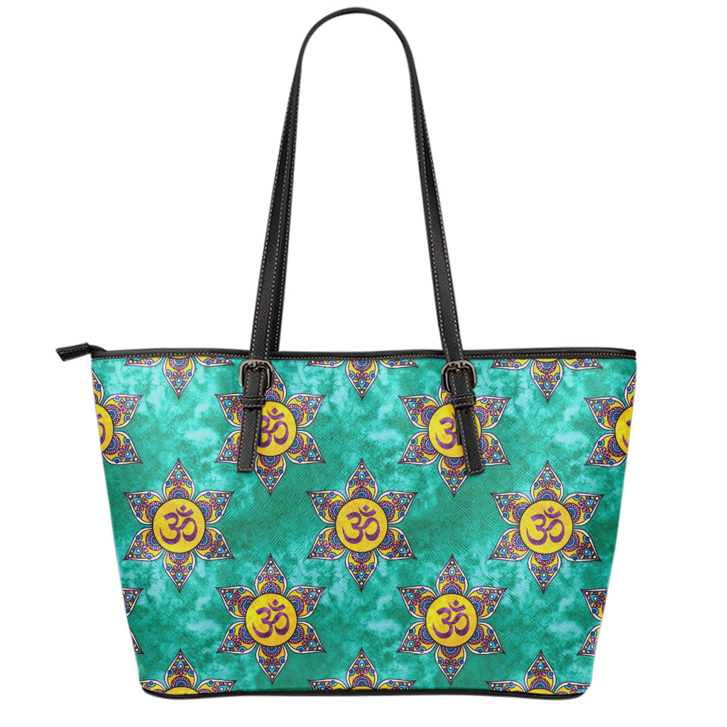 Boho Om Sign Pattern Print Leather Tote Bag