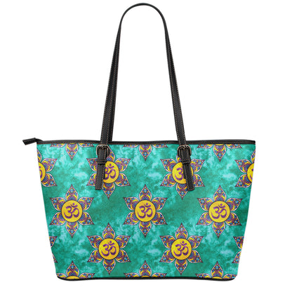 Boho Om Sign Pattern Print Leather Tote Bag