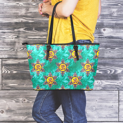 Boho Om Sign Pattern Print Leather Tote Bag