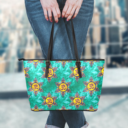 Boho Om Sign Pattern Print Leather Tote Bag