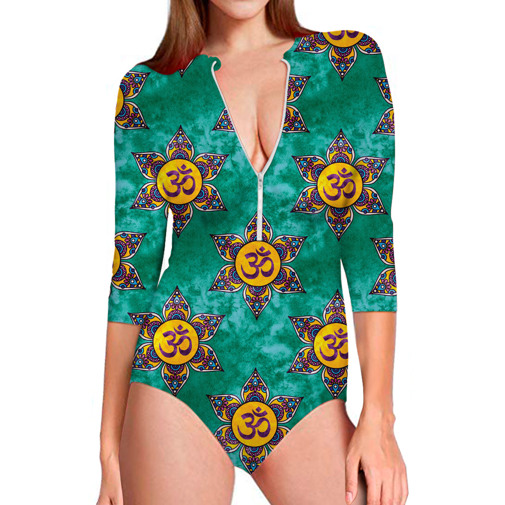 Boho Om Sign Pattern Print Long Sleeve Swimsuit