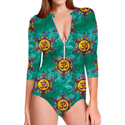 Boho Om Sign Pattern Print Long Sleeve Swimsuit