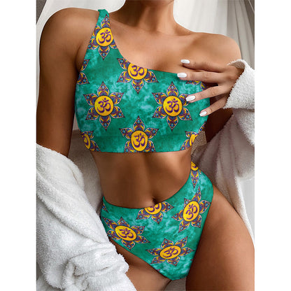Boho Om Sign Pattern Print One Shoulder Bikini Top