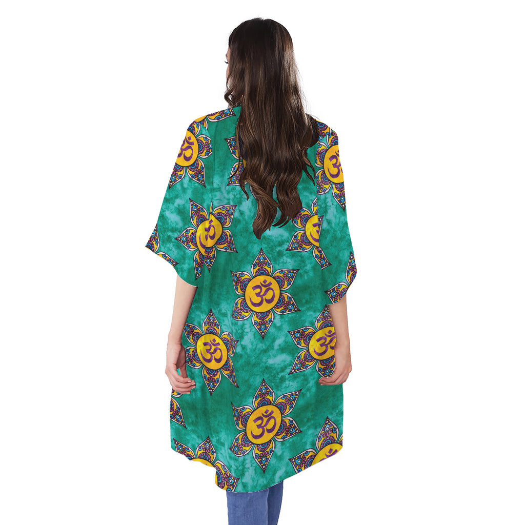 Boho Om Sign Pattern Print Open Front Beach Cover Up