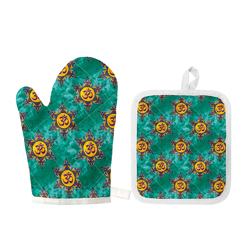 Boho Om Sign Pattern Print Oven Mitt And Pot Holder Set