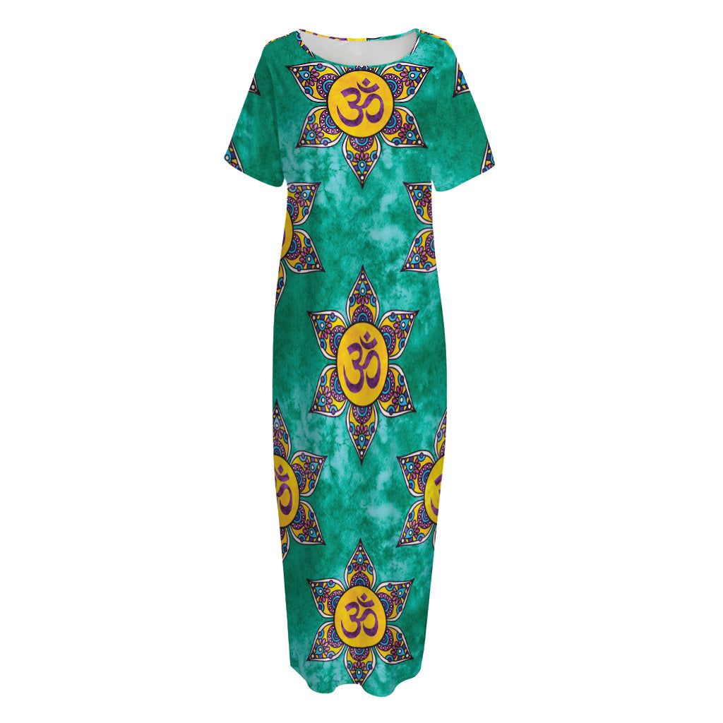 Boho Om Sign Pattern Print Short Sleeve Long Nightdress