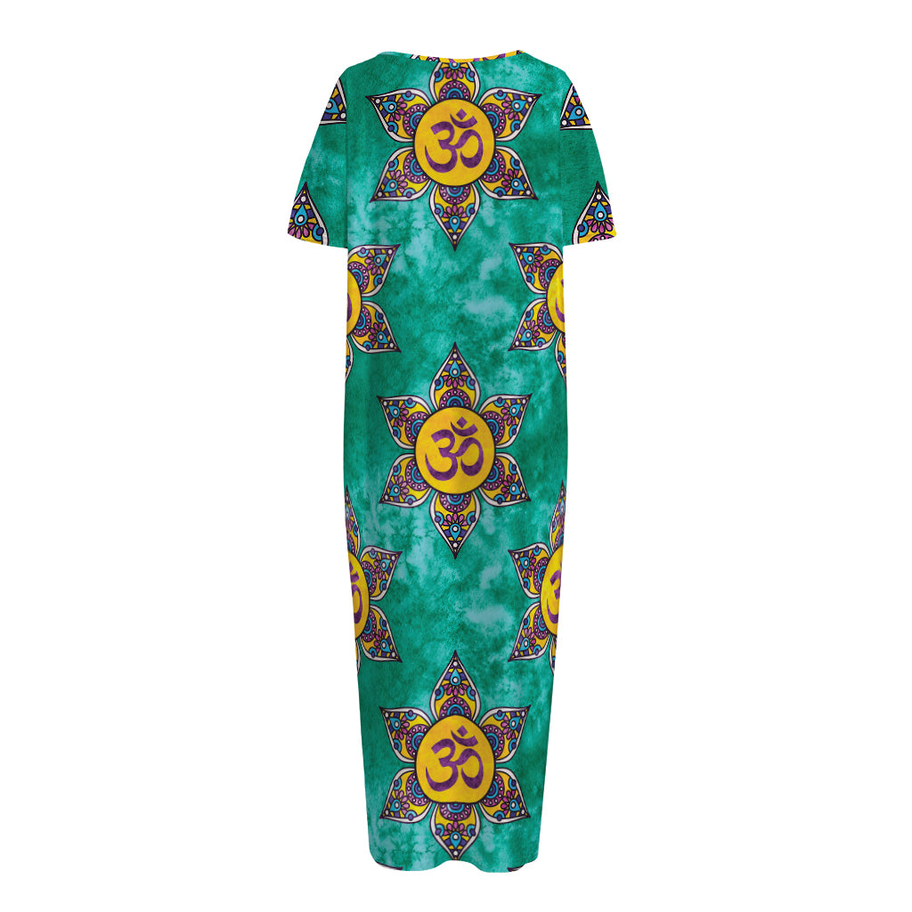 Boho Om Sign Pattern Print Short Sleeve Long Nightdress