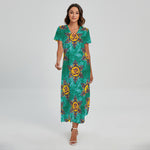 Boho Om Sign Pattern Print Short Sleeve Maxi Dress