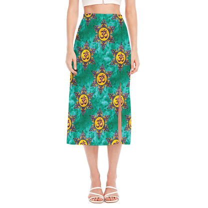Boho Om Sign Pattern Print Side Slit Midi Skirt